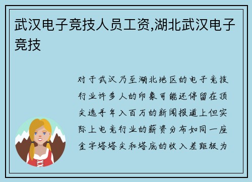 武汉电子竞技人员工资,湖北武汉电子竞技
